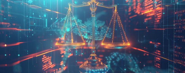 Illustrating the notion of unbiased artificial intelligence, scales of justice are juxtaposed against a futuristic blue data network background