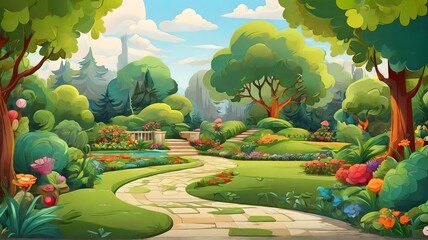 Free Beautiful green garden cartoon background illustration Generative AI