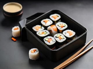 A lunch box with sushi rolls and soy sauce, placed on a black surface