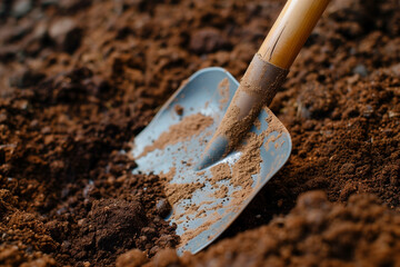 dirty shovel or spade digging dirt in hole