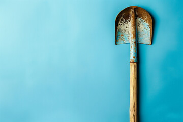 dirty shovel or spade isolated on plain blue studio background with plain text space - obrazy, fototapety, plakaty