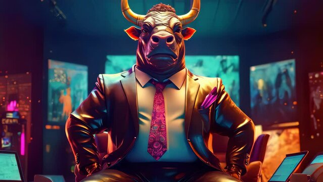Trader business man suit with bull head sit at office abstract background. Professional and financial concept. Generative ai.	
