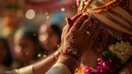Close-Up of Old Indian Man, A Grandfather And Pandit, Being Embraced by Woman’s Hands Touching His Forehead, with Flowers Being Thrown on Him