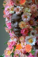 Fototapeta premium Beautiful woman adorned with a vibrant flower headdress, close-up portrait