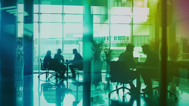 Corporate office workers sitting in common area with glass windows, Technology campus with green overlay | Generative AI