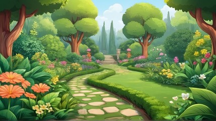 Free Beautiful green garden cartoon background illustration Generative AI