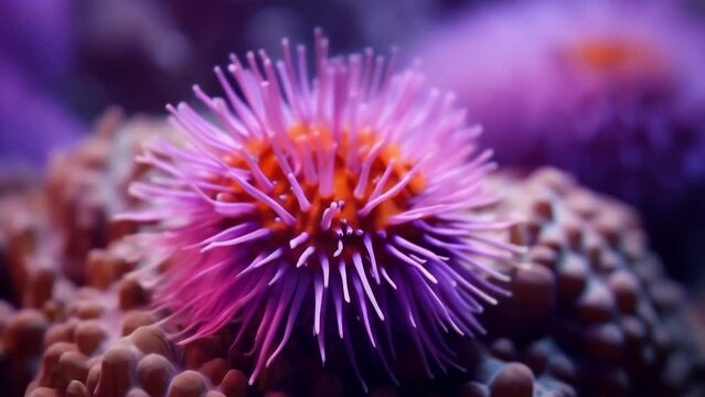 A macro shot of a sea urchin, its spiky body blending in with the surrounding coral reef.