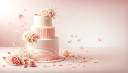 Wedding cake and rose flowers. Soft pink light.generated AI. 