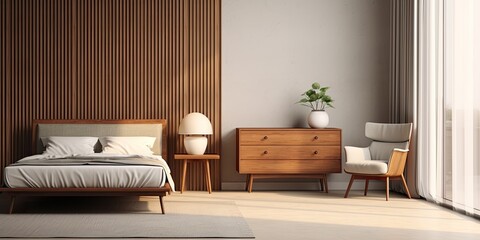 Mid-century modern bedroom with classic sideboard, wooden screen, carpeted floor, window, layered curtain, and retro armchair with side table in realistic .