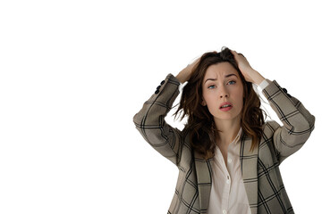 A woman in office clothes are facial expression anxiety and stress, hands touching head, Transparent background. PNG.