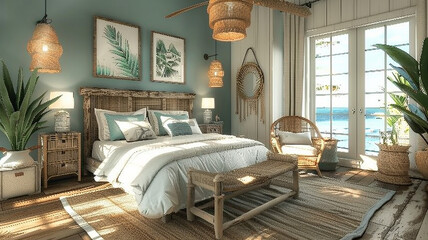 A coastal-themed bedroom boasting a wicker chair set, complemented by driftwood accents and serene ocean hues. - obrazy, fototapety, plakaty