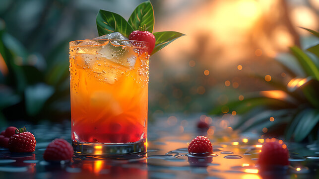 modern style picture of a tropical cocktail, a beautiful glass, front view