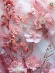 Elegant composition with soft pink flowers and crystals on a textured backdrop