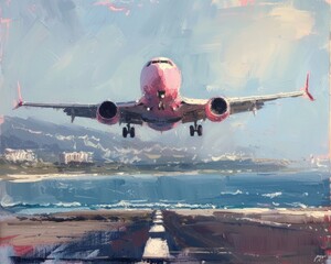Oil painting of a pink airplane landing on a runway