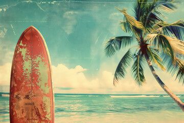 Surfboard on tropical beach background. Vintage tone color style. Generative ai - obrazy, fototapety, plakaty