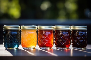 jars containing various flavors of homemade jam - obrazy, fototapety, plakaty