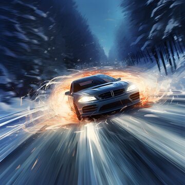 car skidding on a snow-covered road