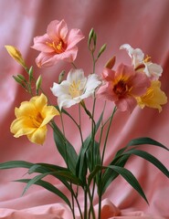 Fototapeta premium Beautiful daylilies and alstroemeria flowers in natural setting