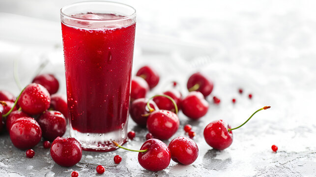 Fresh cherry juice in a glass on a white background with copy space, generative ai