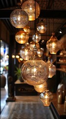 Fototapeta na wymiar Spherical lamps with intricate patterns hanging in a luxury interior