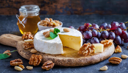 Brie cheese platter with grapes on wooden background