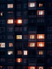 Residential building windows glowing in the dark, urban cityscape at dusk