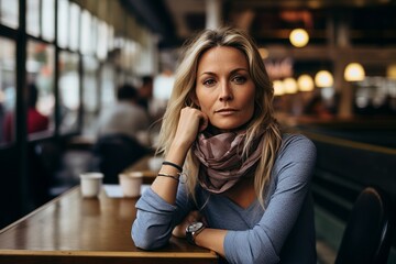 Beautiful blonde woman sitting at the table in cafe and looking at camera - obrazy, fototapety, plakaty