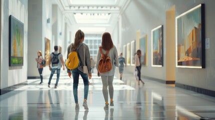 Two Friends with Backpacks Enjoying Art Exhibition at Modern Museum