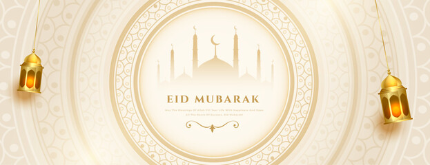 beautiful eid mubarak wishes banner with realistic lantern