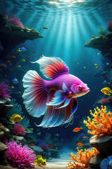 Fototapeta na wymiar glow vibrant Siamese fighting fish or bettafish swim in the underwater