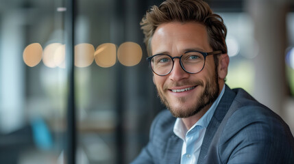 Fototapeta premium Portrait of a Businessman with a Confident Smile in Modern Office - Generative AI.