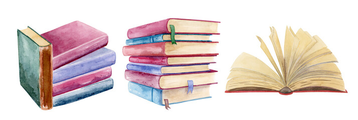 Nice cute and warm watercolor vintage book stacks and one old yellow paged opened book