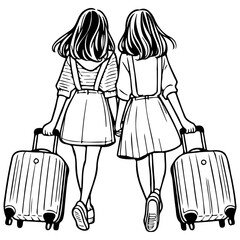 Two Girls Traveling with Luggage.