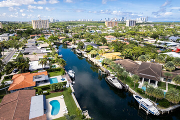 North Miami, Florida, USA - Aerial view of luxurious houses along a canal in Keystone Islands, with...
