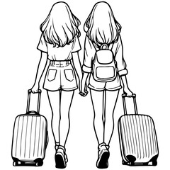 Two Girls Traveling with Luggage.