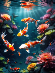 Fototapeta na wymiar vibrant color koi fish swim in the underwater