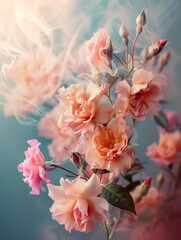 Ethereal roses amidst soft smoky tendrils in a romantic dreamy scene