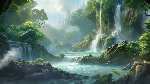 Animation natural waterfalls and rivers in the middle of green forests seamless 4k video background. generated with ai