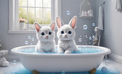  cute baby bunny cat with cute big blue eyes, bathroom filled with bright bubbles, two cross bridge cat and rabbit, style photo studio sitting in a bathtub full of foam and water