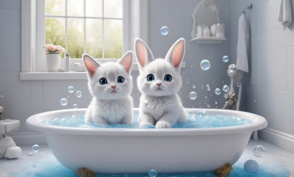  cute baby bunny cat with cute big blue eyes, bathroom filled with bright bubbles, two cross bridge cat and rabbit, style photo studio sitting in a bathtub full of foam and water