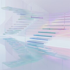 A modern staircase scene with a minimalist design in holographic colors