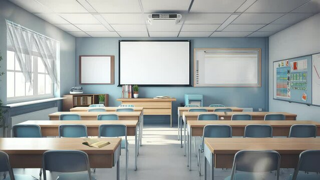 Animation empty school or university classroom with big chalkboard. seamless 4k video background. generated with ai