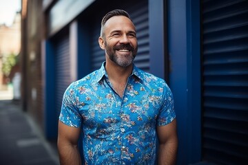 Portrait of a smiling middle-aged man wearing a blue shirt