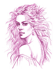 portrait of a woman pencil drawing for card decoration illustration