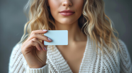 woman holding a blank business card - obrazy, fototapety, plakaty