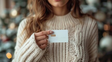 woman holding a blank business card