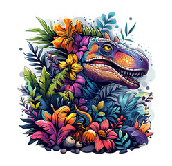 Dinosaur and flowers. Colorful Dinosaur head. hand drawing art, vector illustration on transparent background png