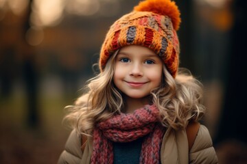Portrait of a beautiful little girl in a hat and scarf.