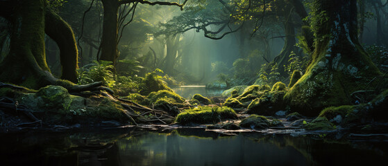 Enchanted forest landscape, fantasy forest.