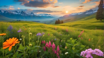 meadow with flowers and mountains, Lush green meadow adorned with vibrant wildflowers